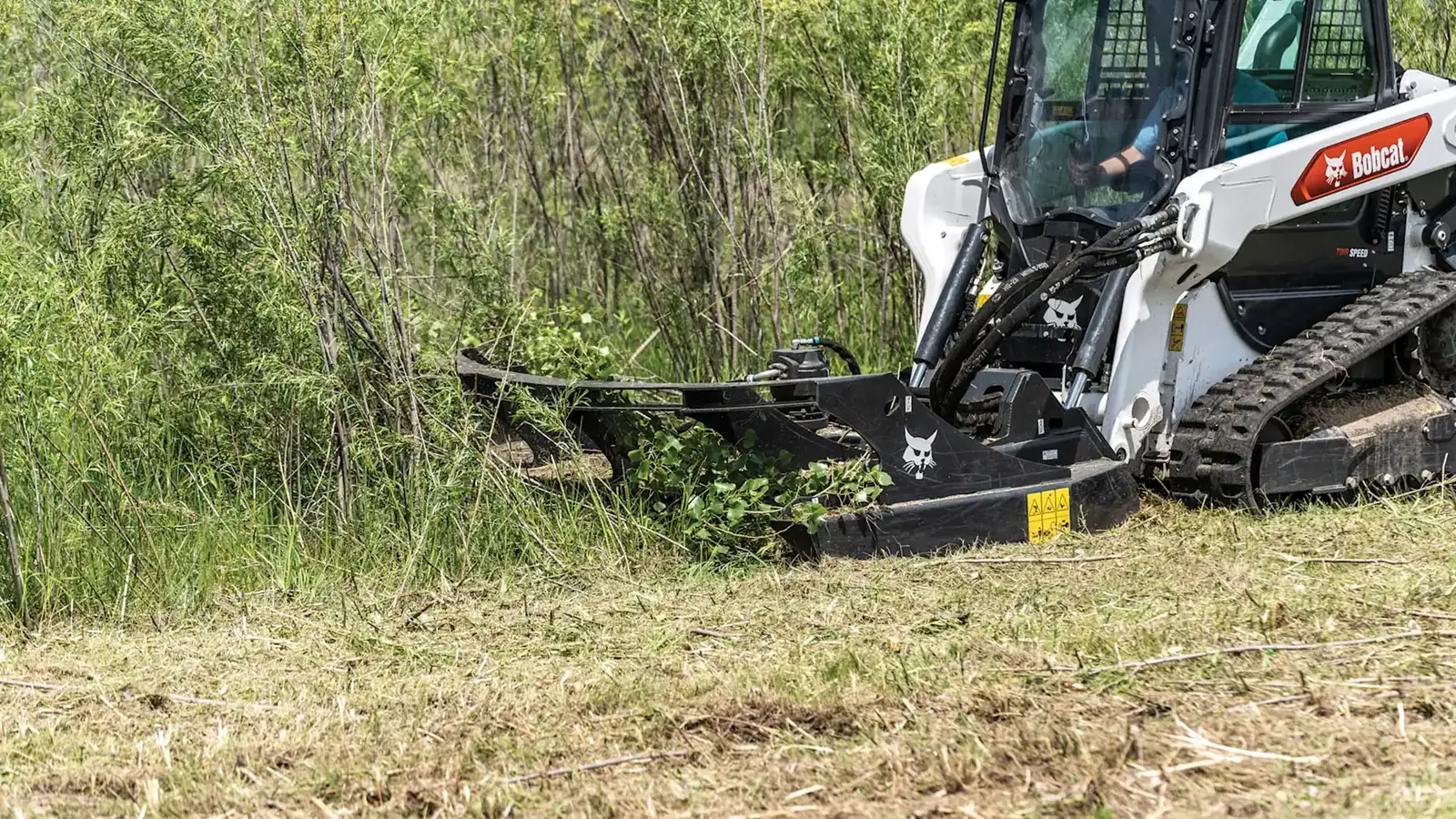 Skid steer on rubber tracks mowing tall brush and saplings with a rotary brush cutter at the edge of a field